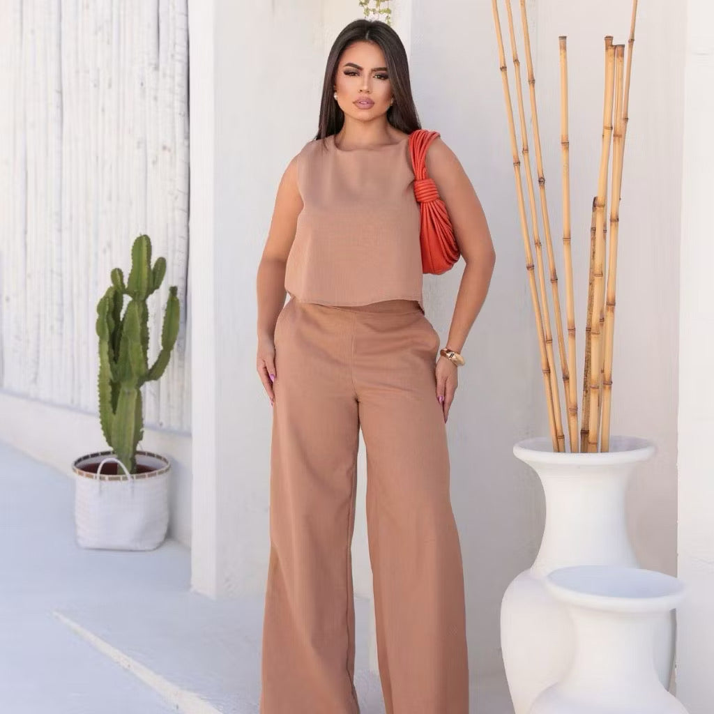 Conjunto Feminino Calça + Blusa Linho Pantalona
