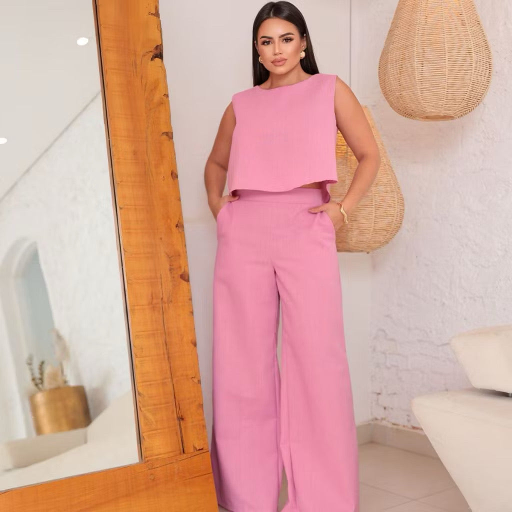 Conjunto Feminino Calça + Blusa Linho Pantalona LR