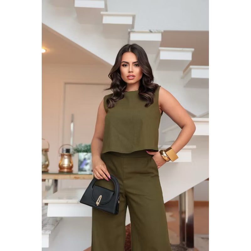 Conjunto Feminino Calça + Blusa Linho Pantalona