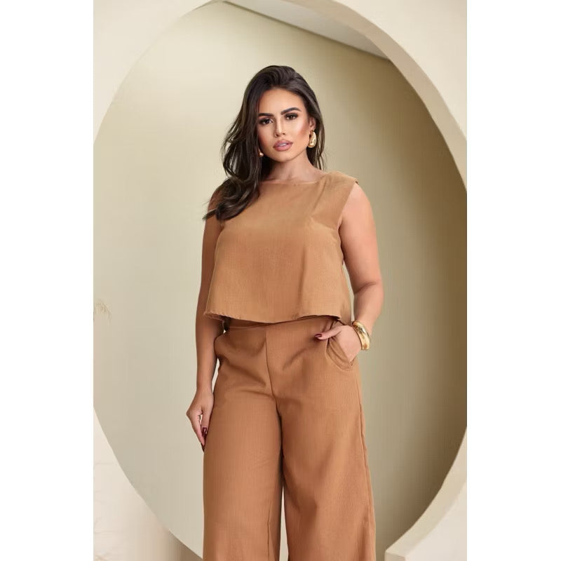 Conjunto Feminino Calça + Blusa Linho Pantalona Bolsos Laterais Social