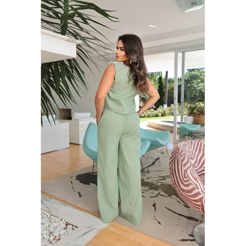 Conjunto Feminino Calça + Blusa Linho Pantalona LR