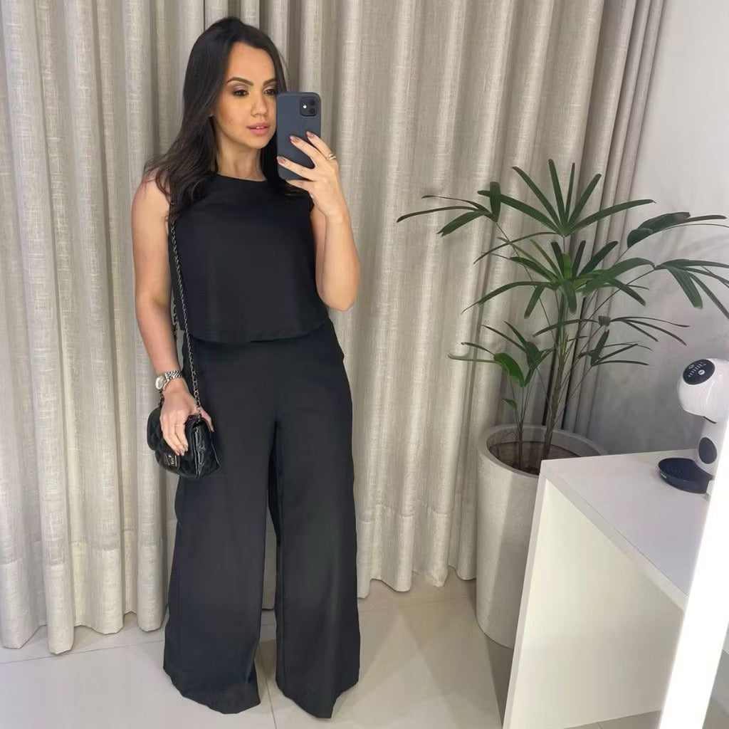 Conjunto Feminino Calça + Blusa Linho Pantalona Bolsos Laterais Social