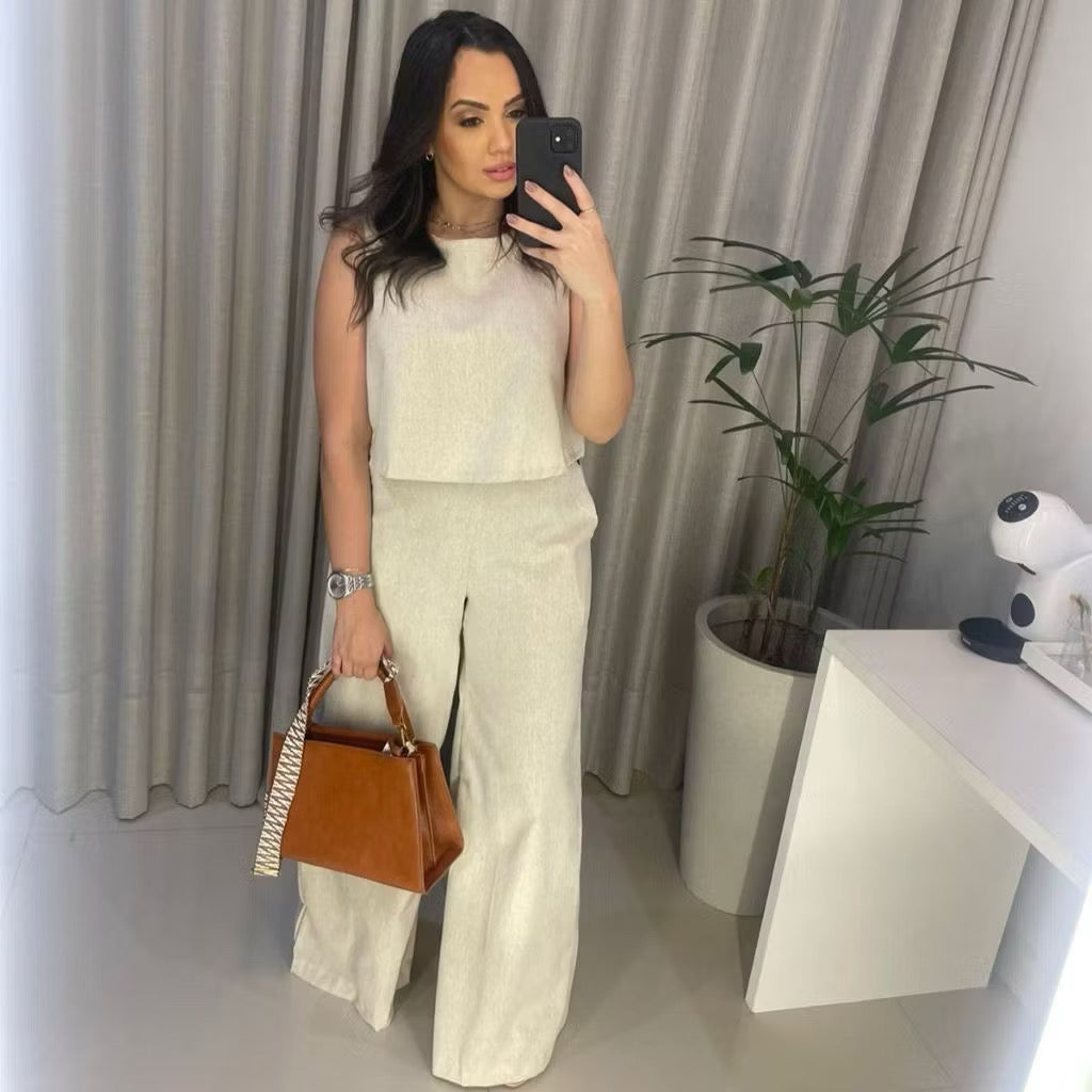 Conjunto Feminino Calça + Blusa Linho Pantalona Bolsos Laterais Social
