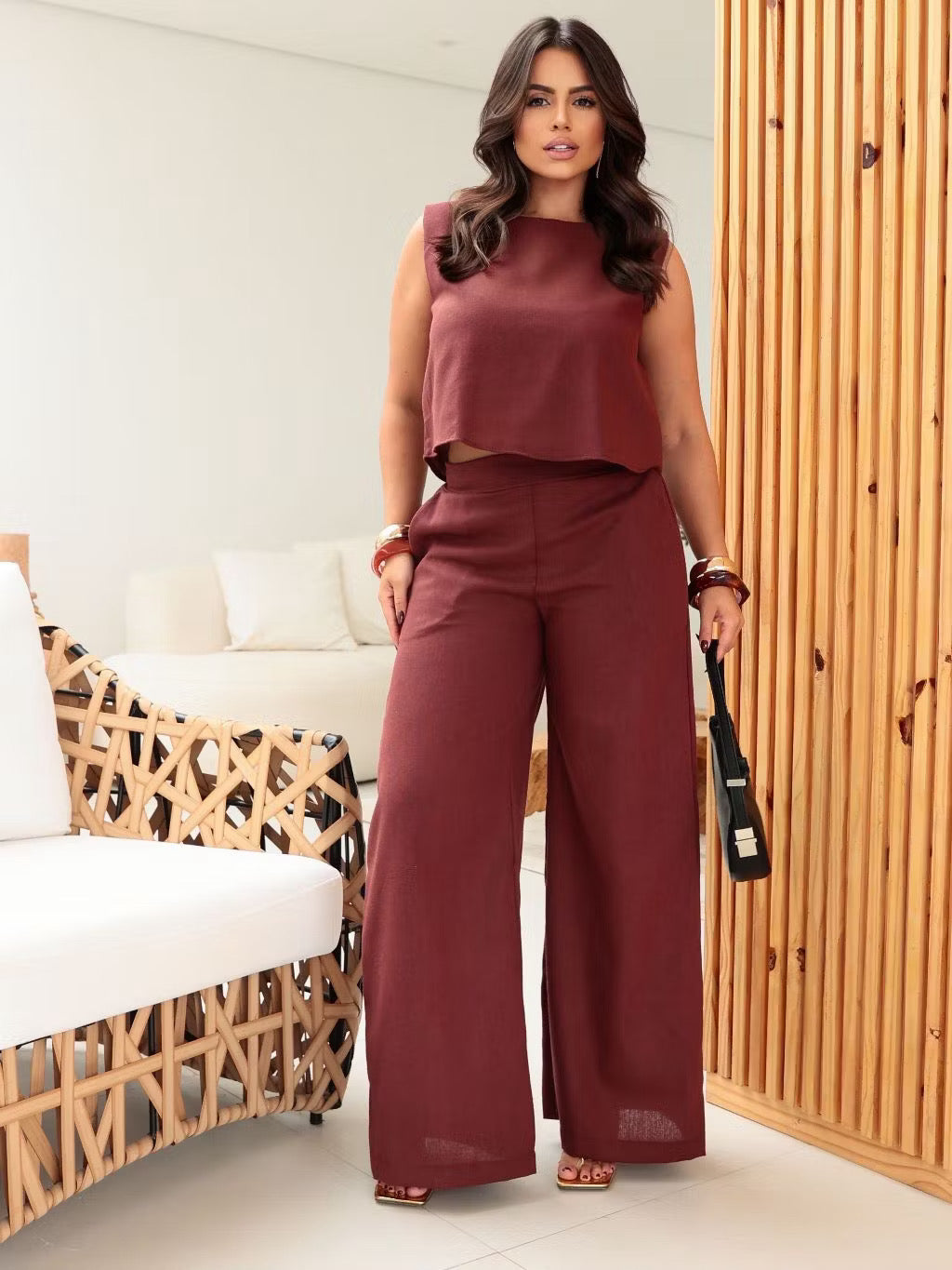 Conjunto Feminino Calça + Blusa Linho Pantalona Bolsos Laterais Social