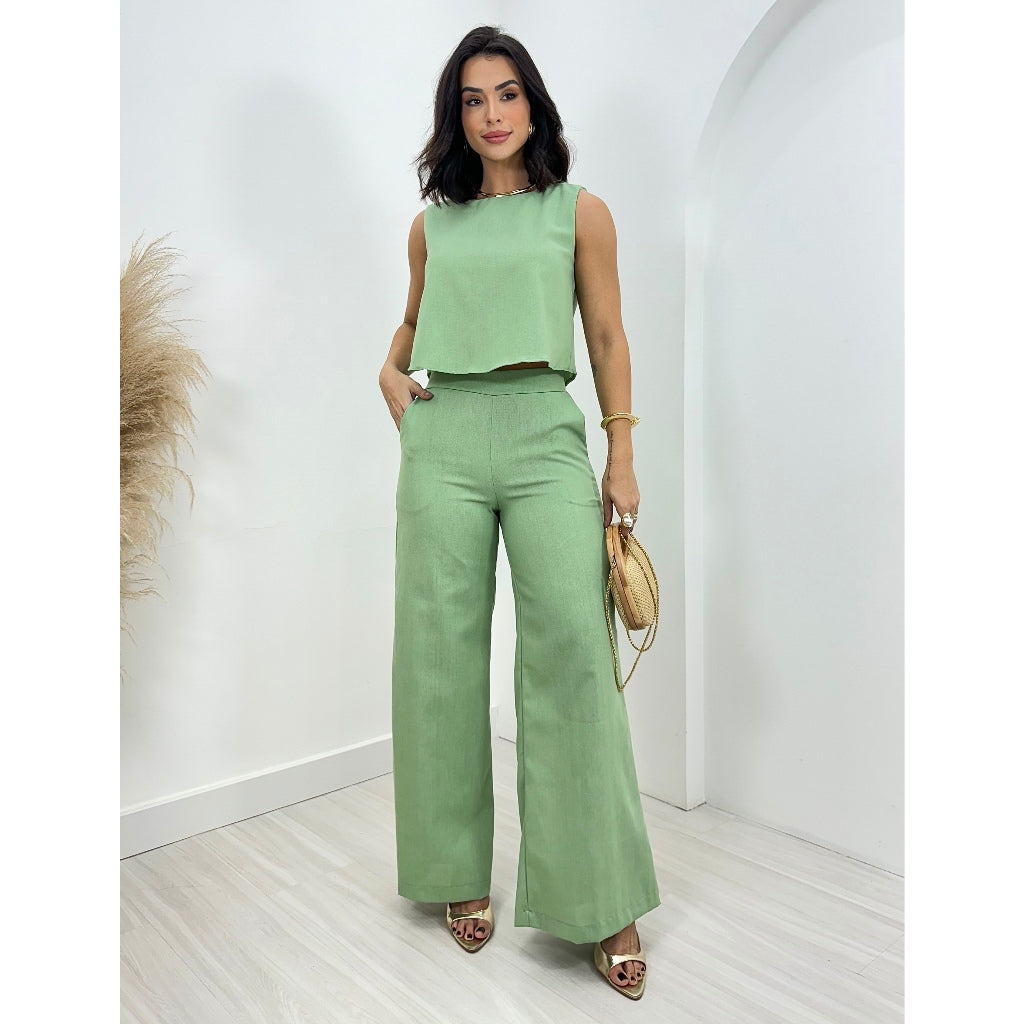 Conjunto Feminino Calça + Blusa Linho Pantalona LR