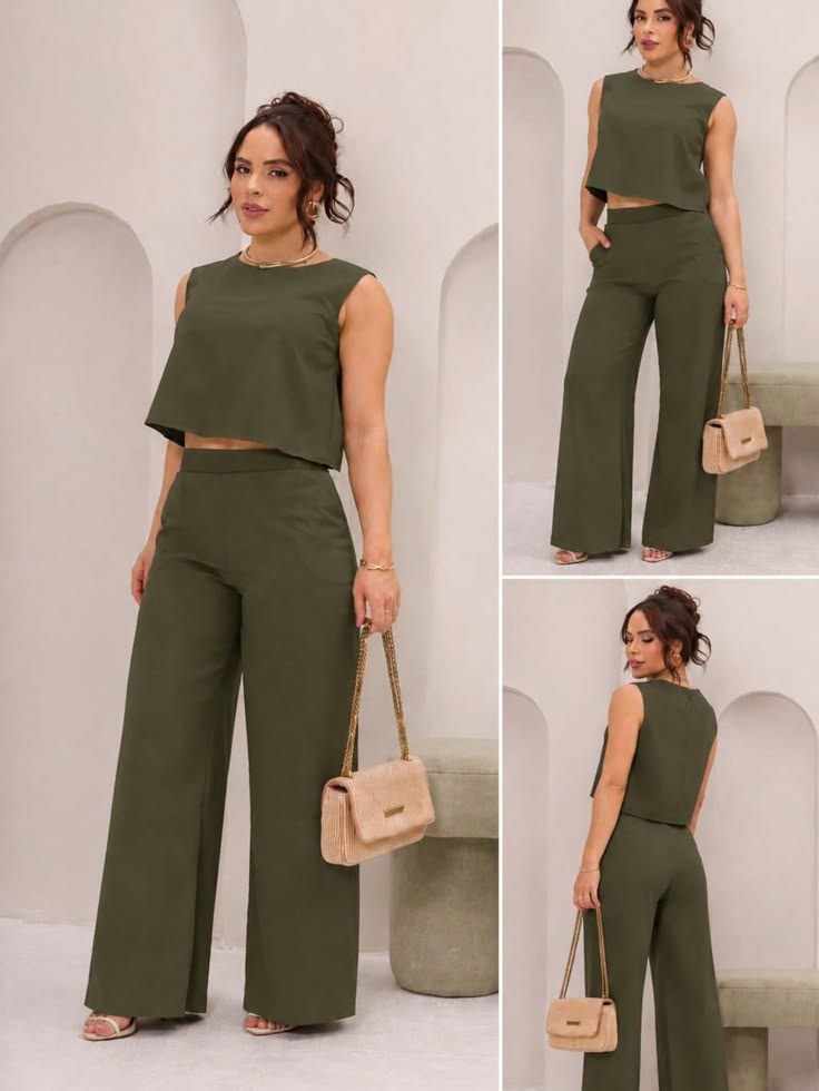 Conjunto Feminino Calça + Blusa Linho Pantalona Bolsos Laterais Social