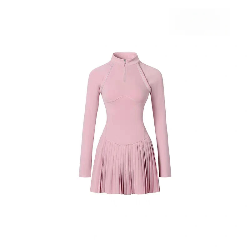 Vestido Esportivo Feminino com Zíper e Gola Mandarim | Manga Longa Anti-Exposição Tênis Corrida