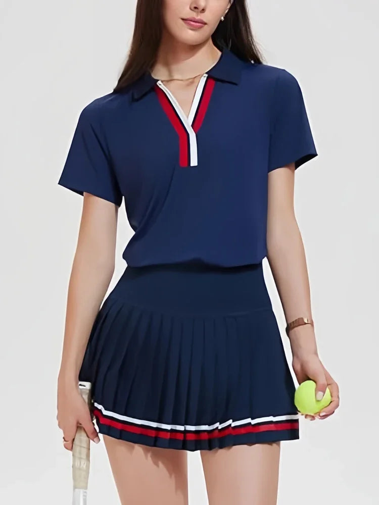 Conjunto Feminino 2 Peças | Polo Decote V + Saia Plissada Tênis Golf Pickleball