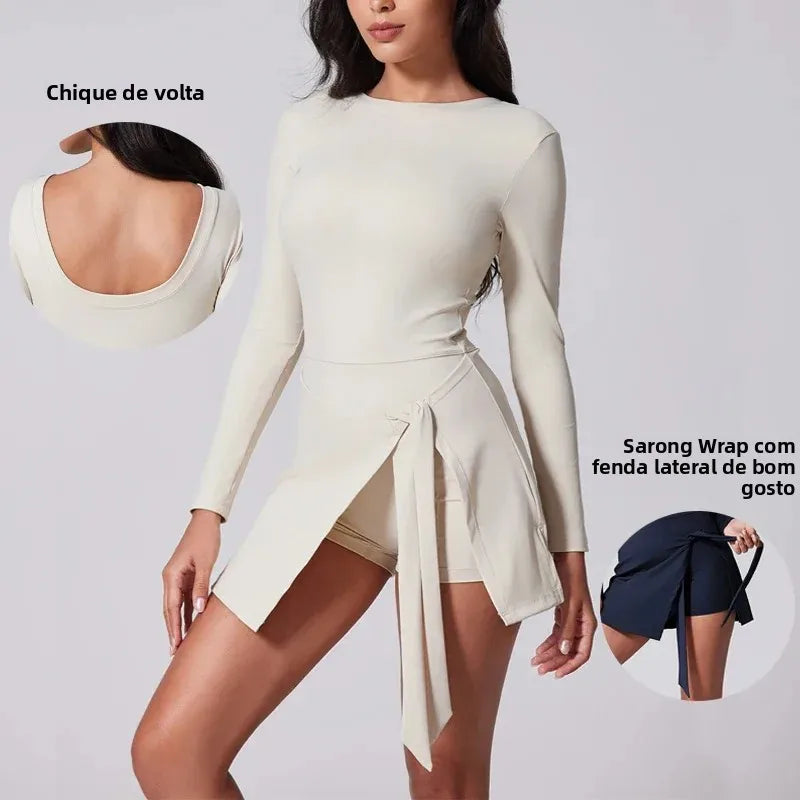Vestido de Tênis Gola Alta Manga Longa | Saia Sarong Shorts Embutido Golf Academia