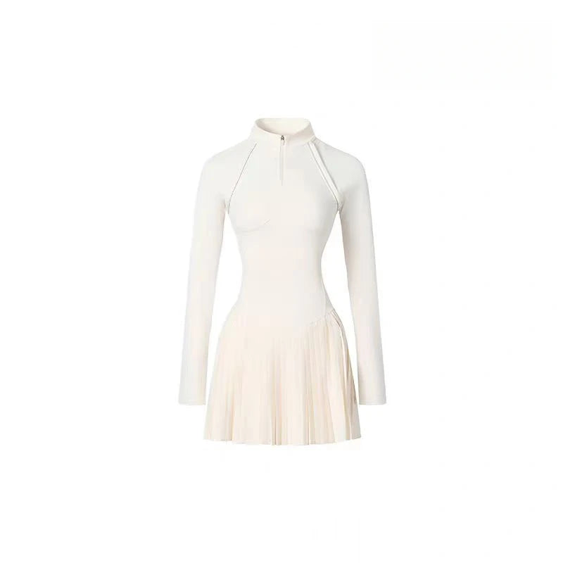 Vestido Esportivo Feminino com Zíper e Gola Mandarim | Manga Longa Anti-Exposição Tênis Corrida
