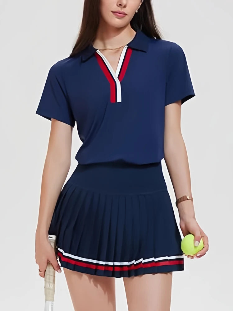 Conjunto Feminino 2 Peças | Polo Decote V + Saia Plissada Tênis Golf Pickleball
