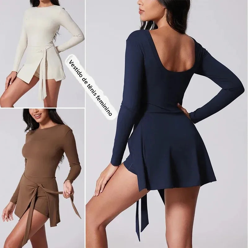 Vestido de Tênis Gola Alta Manga Longa | Saia Sarong Shorts Embutido Golf Academia