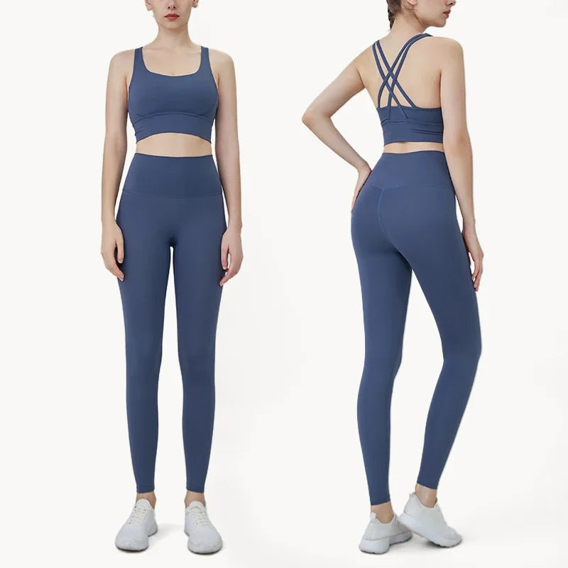 Summer New 2 Piece Yoga Clothes  Women's Tracksuit Athletic Cross Back Nylon Yoga Top Women Sports Bra Leggings Pilates Fitness