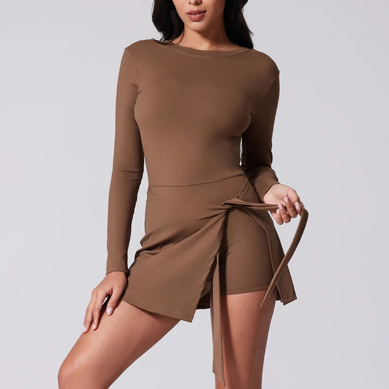 Vestido de Tênis Gola Alta Manga Longa | Saia Sarong Shorts Embutido Golf Academia
