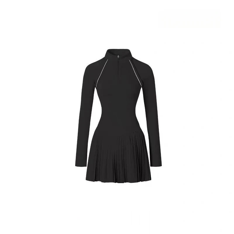 Vestido Esportivo Feminino com Zíper e Gola Mandarim | Manga Longa Anti-Exposição Tênis Corrida