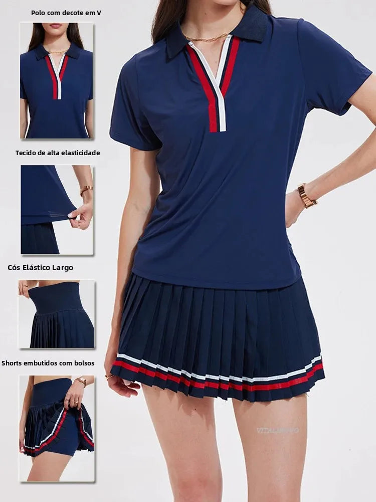 Conjunto Feminino 2 Peças | Polo Decote V + Saia Plissada Tênis Golf Pickleball