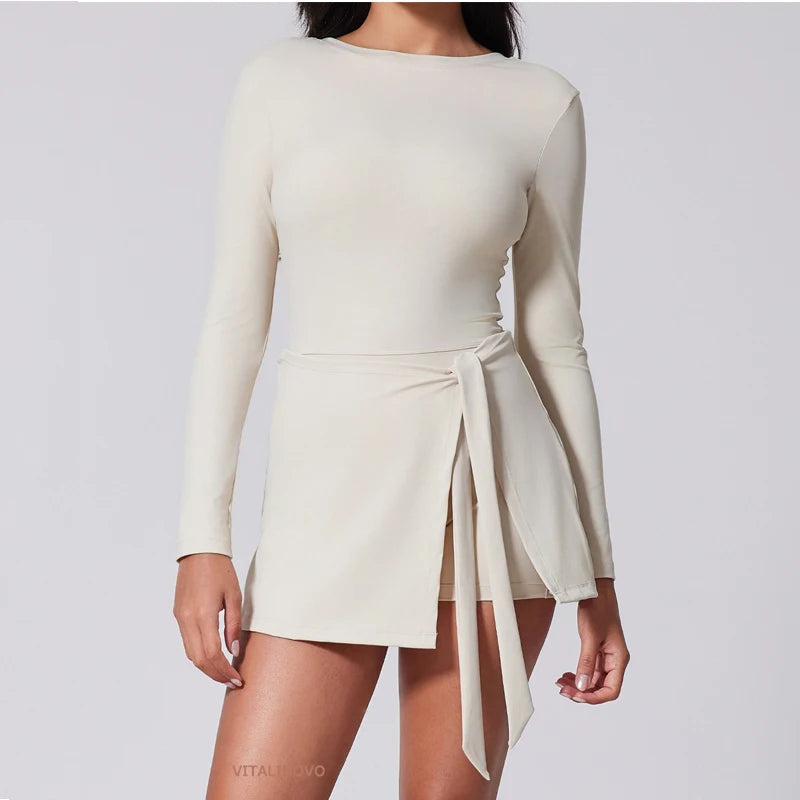 Vestido de Tênis Gola Alta Manga Longa | Saia Sarong Shorts Embutido Golf Academia