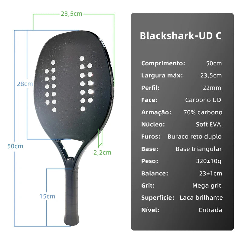 Raquete de Beach Tennis HOOWAN BLACKSHARK | Carbon UD Grafite Superfície Rugosa 22mm